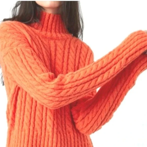 French Connection Jacqueline High Neck Cable Knit‎ Wool Blend Sweater Women Sz L - Picture 2 of 8